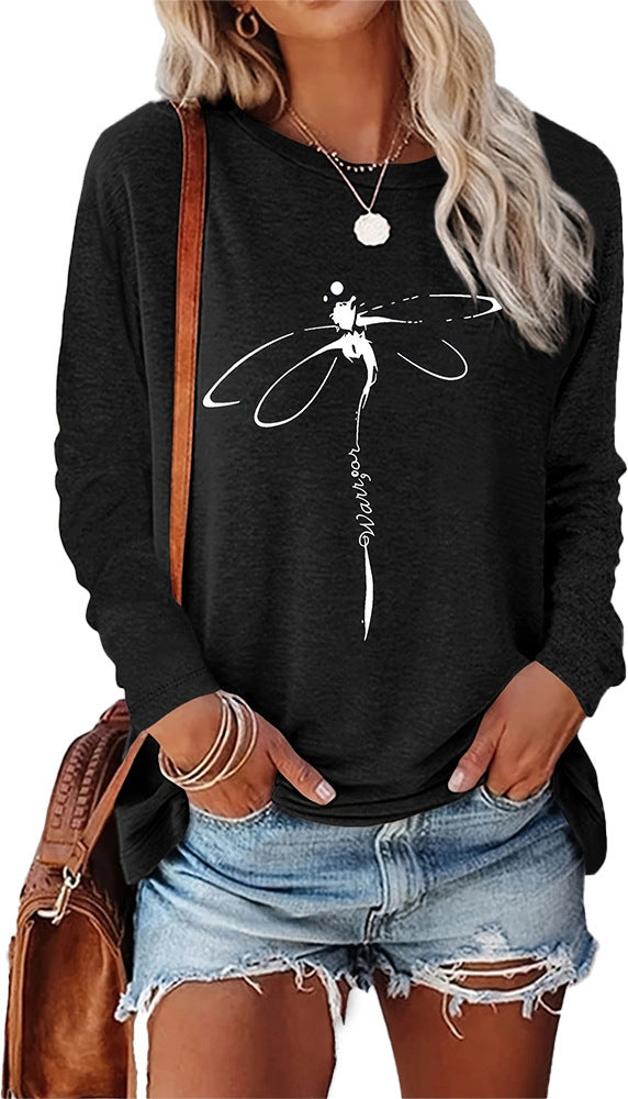 Dragonfly Pattern Round Neck Long Sleeve Women's T-shirt Tops