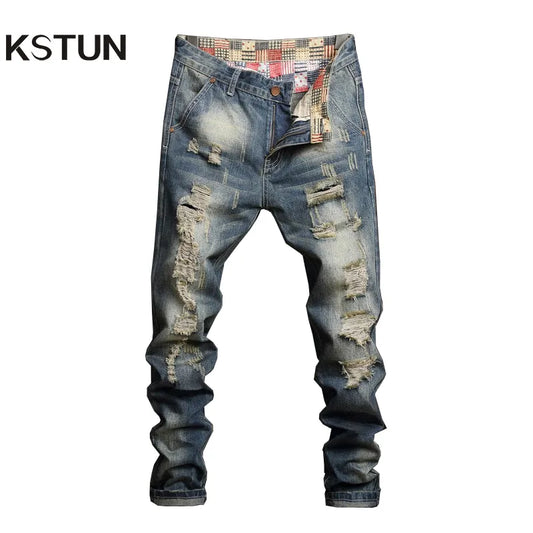 Ripped Jeans for Men Straight Loose Fit 2023 Spring and Summer Hollow Out Street Wear Hip Hop Pants Men's Biker Jeans Distressed