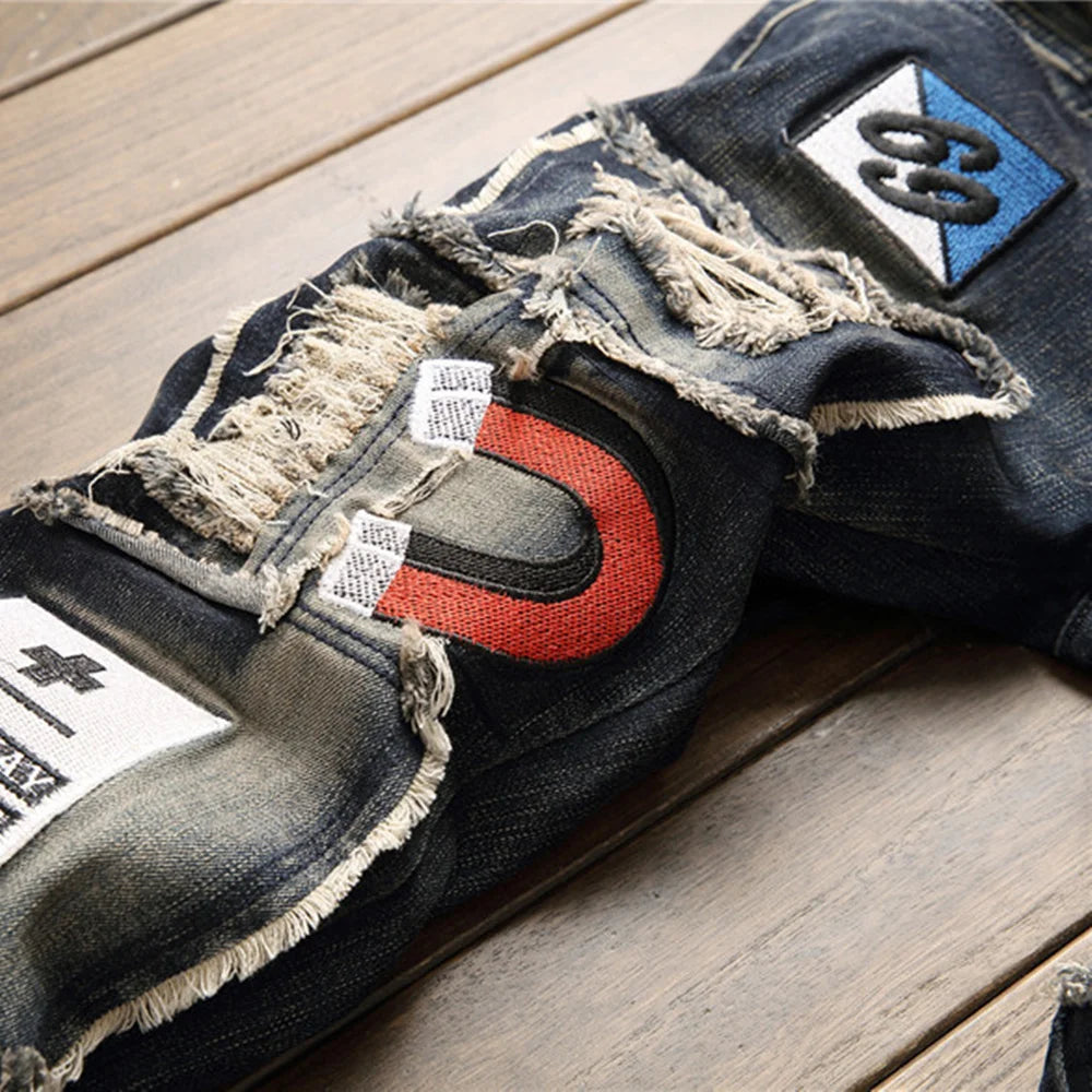 Original Design New European American Trend Men's Jeans Male Torn Sticking Cloth Stretch Small Straight Leg Fashion Denim Pants