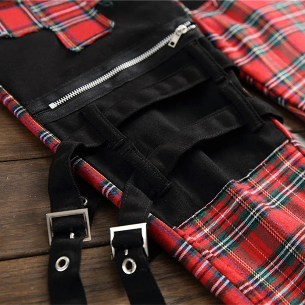 New Style South Korean Retro Personality Lacing Jeans Men's Zipper Plaid Small Foot Straight Pants Casual Fashion Trousers