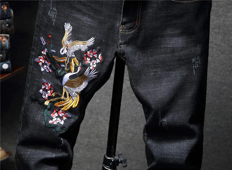 New men streetwear Bird embroidery Stretch Skinny Jogger Jeans  fashion brand Man Stretch cotton denim  black  blue trousers