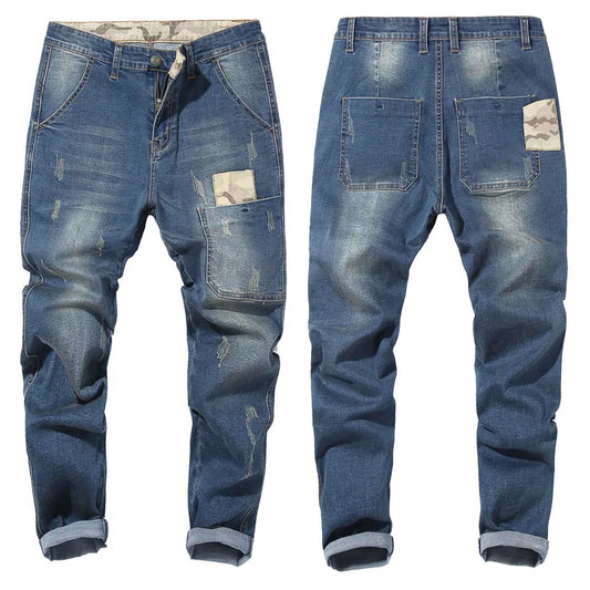 Autumn Men Camouflage splice Slim Stretch Jeans Classic Multi-pocket cotton male Casual denim Pants trousers Plus Size 44 46 48