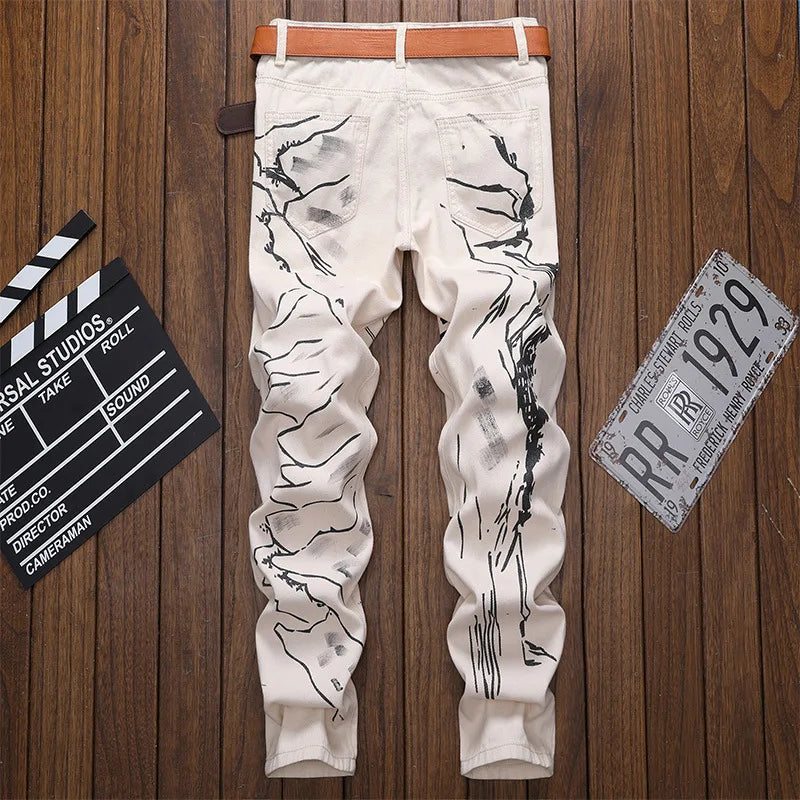 Men's great wall tiger printed jeans Fashion khaki denim slim straight pants