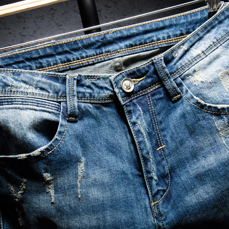 Men Streetwear Hiphop Ripped embroidery Slim fit jeans Knee Holes Destroyed Man Casual Cotton joggers beggar denim pants