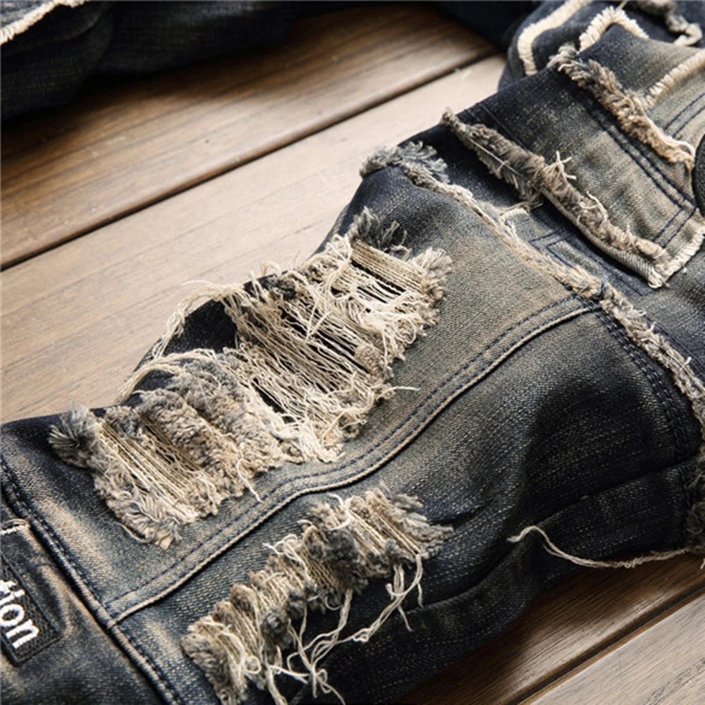 Original Design New European American Trend Men's Jeans Male Torn Sticking Cloth Stretch Small Straight Leg Fashion Denim Pants