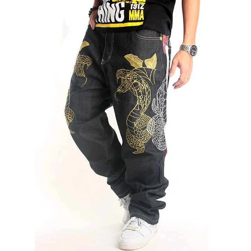 Fashion Printed Jeans New Loose Hip Hop Jeans Homme Python Embroidery Hip-hop Denim Harem Pants Overalls Men Straight Jeans