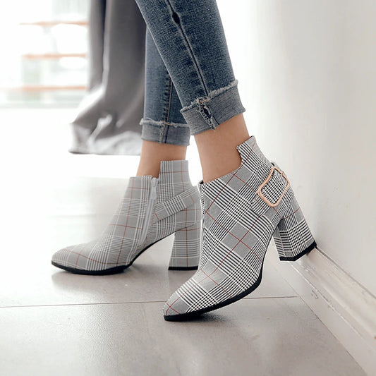 2021 Large Size Women Boots Fashion Plaid Pointed Toe High Heels Women's Shoes Sexy Autumn Winter Ankle Boots female