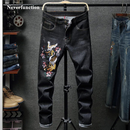 New men streetwear Bird embroidery Stretch Skinny Jogger Jeans  fashion brand Man Stretch cotton denim  black  blue trousers