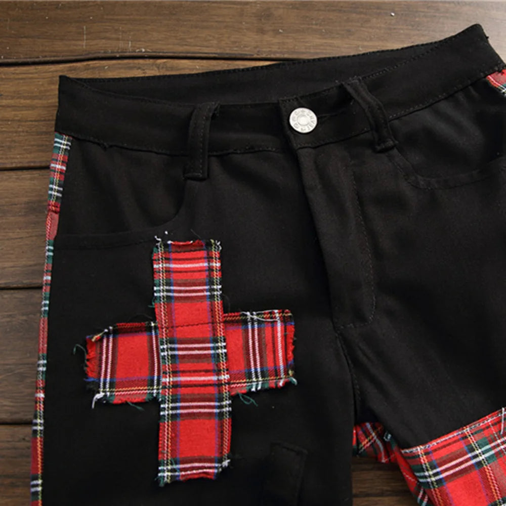 New Style South Korean Retro Personality Lacing Jeans Men's Zipper Plaid Small Foot Straight Pants Casual Fashion Trousers