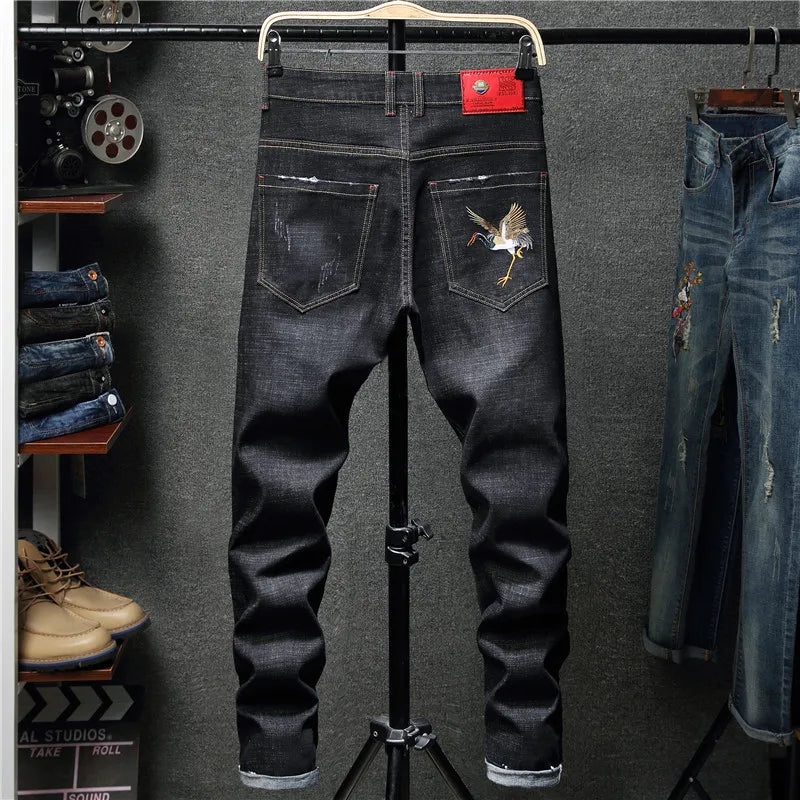 New men streetwear Bird embroidery Stretch Skinny Jogger Jeans  fashion brand Man Stretch cotton denim  black  blue trousers
