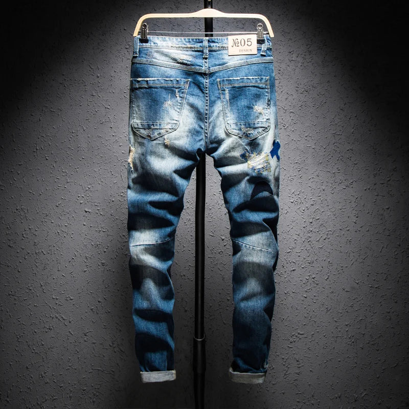 Men Streetwear Hiphop Ripped embroidery Slim fit jeans Knee Holes Destroyed Man Casual Cotton joggers beggar denim pants