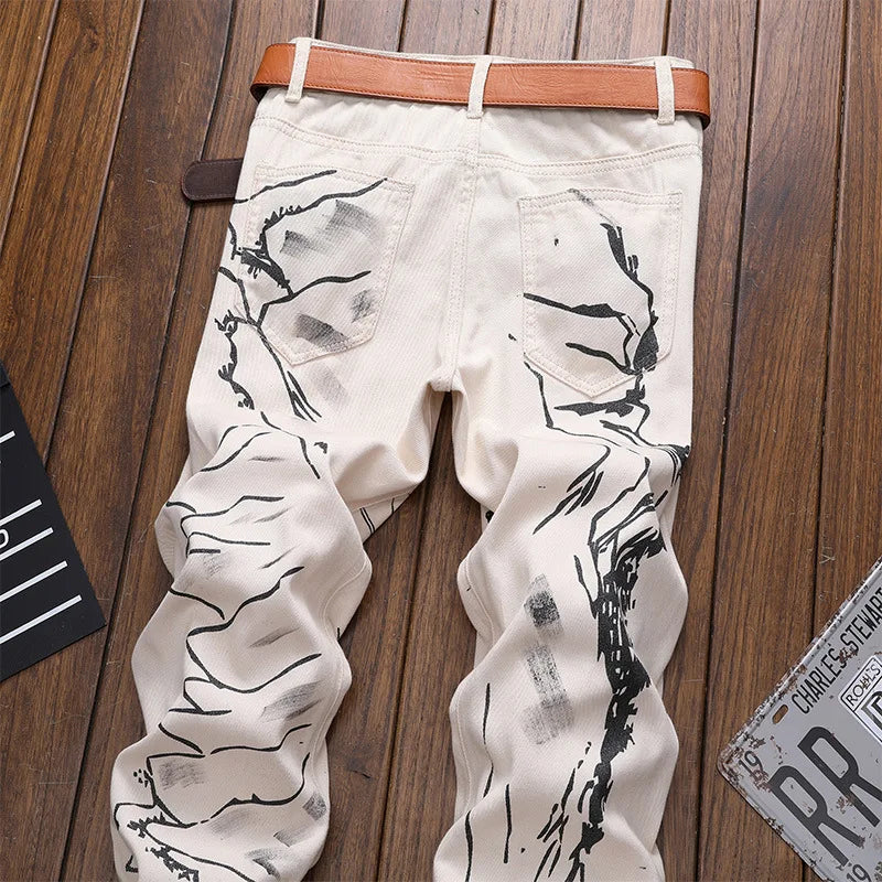 Men's great wall tiger printed jeans Fashion khaki denim slim straight pants