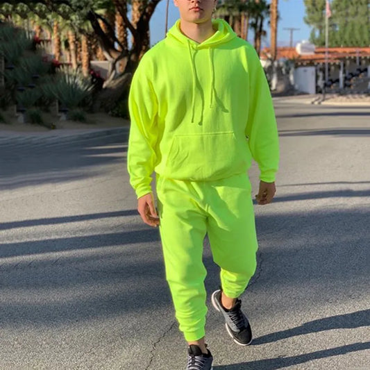 Neon Green Style Men's Fashion Tracksuit Solid 2 Pieces Long Sleeve Hoody+Loose Swearpants Casual Sportsuit Men 2024 Newest OMSJ