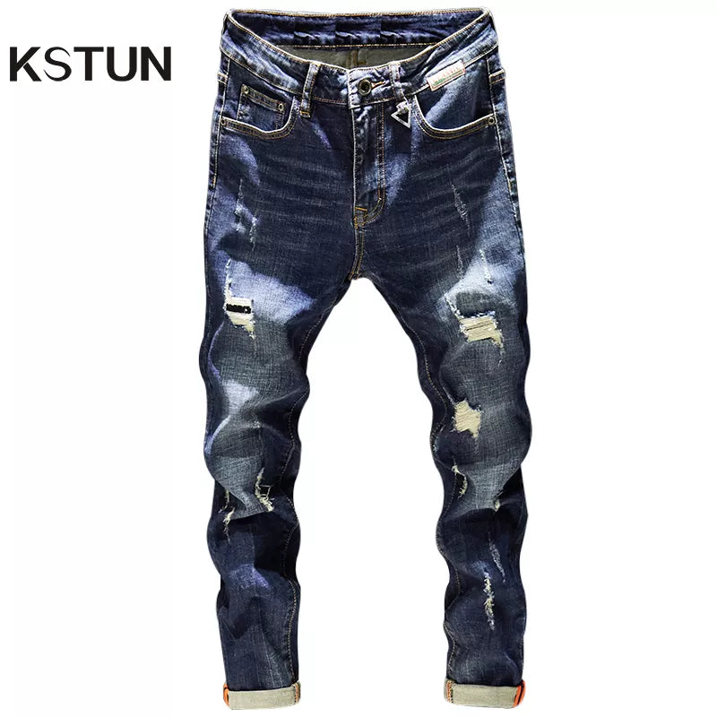 Mens Ripped Jeans Slim Fit Dark Blue Spring Autumn Destroyed Torn Stylish Moto Biker Jeans Denim Pants Men Hip hop Streetwear