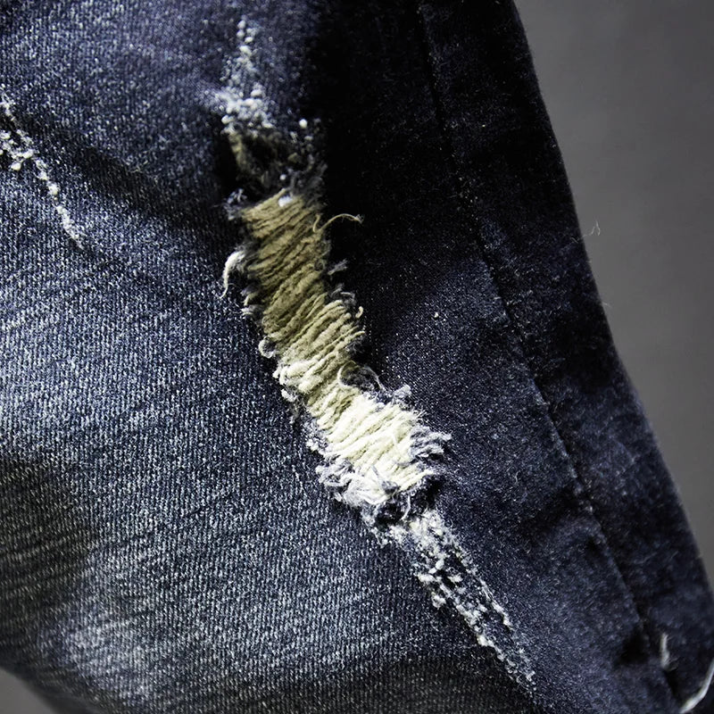 Distressed Jeans Men Dark Blue Stretch Slim Fit Hip Hop Destroyed Broken Holes Ripped Man Denim Pants Frayed Trousers Punk Style