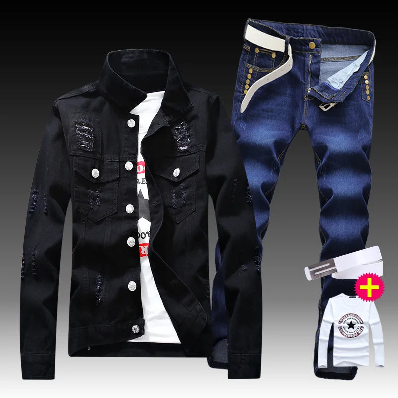New Men's Denim Jacket Pants 2pcs Set Single Breasted Holes Casual Coat Trousers Slim Fit Cool Boys Jackets A222