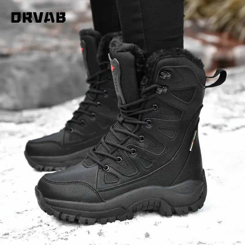 PLUS SIZE 36-46 Military Boots Leather Combat Boots for Men and Woman Fur Plush Winter Snow Boots Outdoor Army Bots Army Shoes
