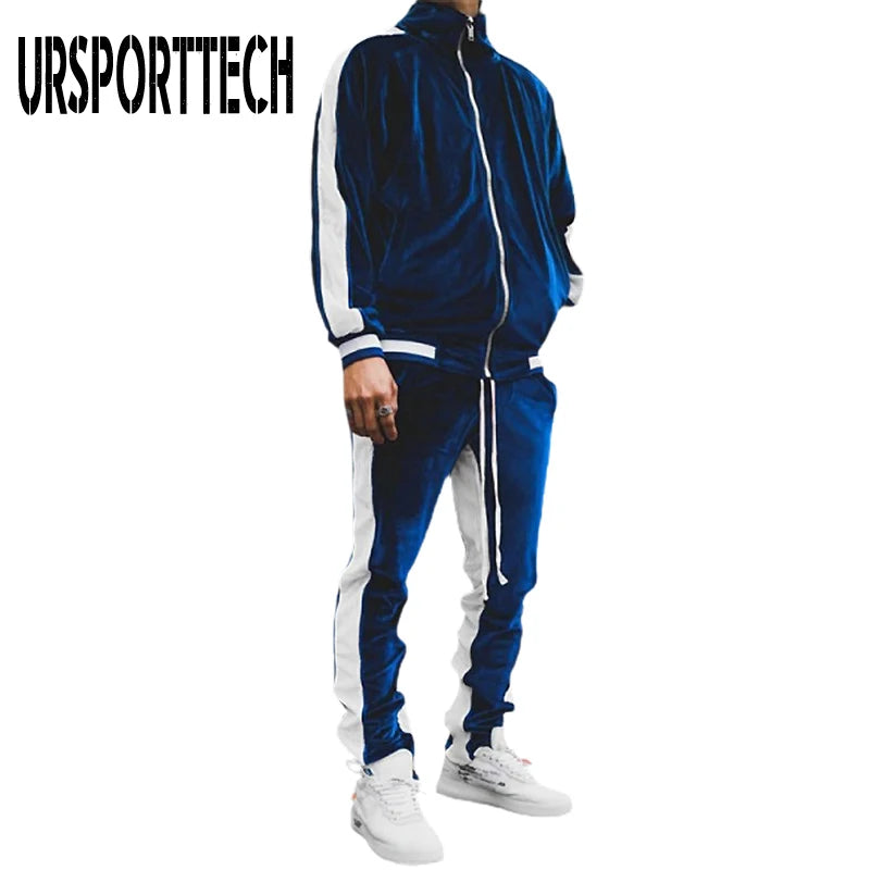 Gold Velvet Tracksuit Men's Set Spring Autumn Sport Suit Male Plus Velvet Thick Hoodies+ Pants Warm Sweatshirt Autumn Sportswear