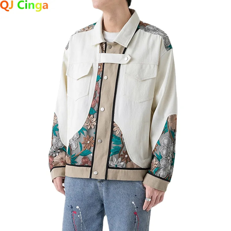 White Embroidery Denim Jacket Men's Single Breasted Patchwork Coat with Square Collar Men Jeans Jaqueta Big Size Overcoat S-5XL