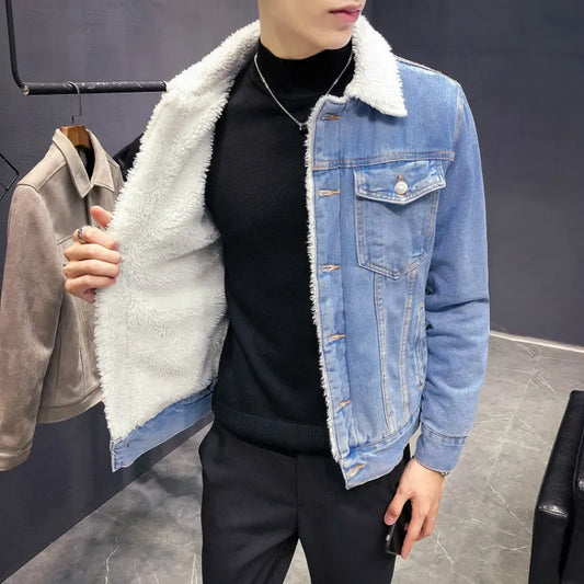 2022 New Winter's Men's Fashion Fleece Thick Pure Color Casual Denim Jacket Male Cotton Slim Vintage Jackets Men Coats