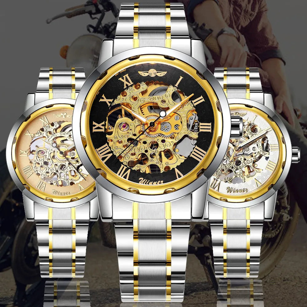 WINNER Gold Skeleton Watch for Men Mechanical Wristwatches Stainless Steel Strap Mens Watches Top Brand Luxury Male Clock 2023