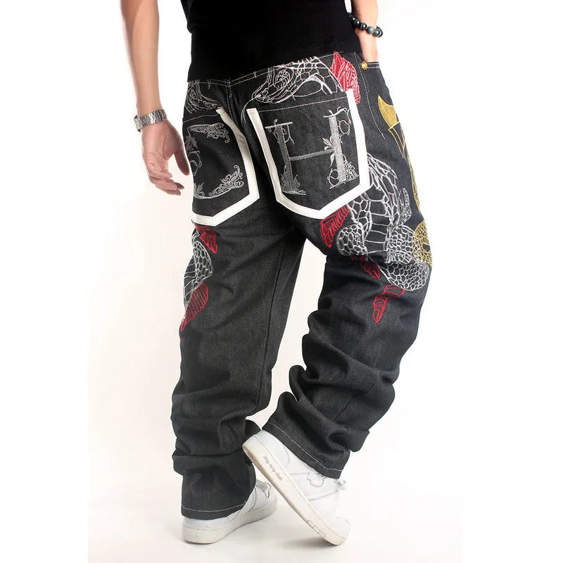 Fashion Printed Jeans New Loose Hip Hop Jeans Homme Python Embroidery Hip-hop Denim Harem Pants Overalls Men Straight Jeans