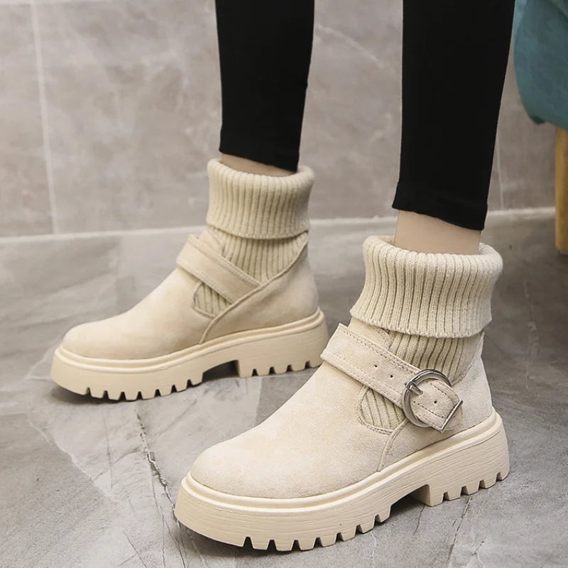 Women Warm Snow Boots Suede Knitting Stretch Ladies Cotton Shoes Winter New Belt Buckle Ankle Boots Casual Women's Ankle Boots