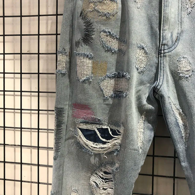 Black Fluorescent Green Letter Embroidery Denim Pants Men Women Hip Hop Damage hole Distressed Jeans High Quality Denim Jean