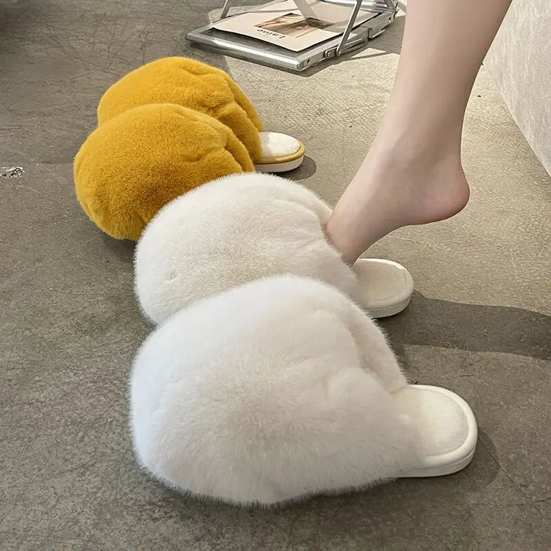 JIANBUDAN Plush Home Cotton shoes Women's Winter Indoor Comfortable Warm slippers Flat Non-slip plush slippers Indoor shoes
