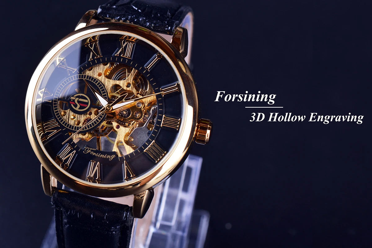 Forsining 3d Logo Design Hollow Engraving Black Gold Case Leather Skeleton Mechanical Watches Men Luxury Brand Heren Horloge