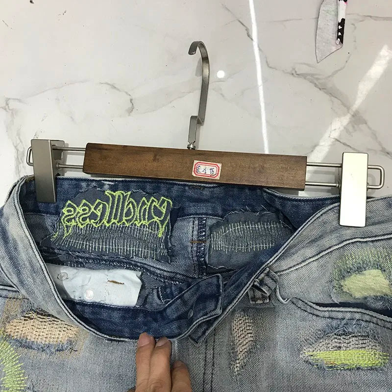 Black Fluorescent Green Letter Embroidery Denim Pants Men Women Hip Hop Damage hole Distressed Jeans High Quality Denim Jean