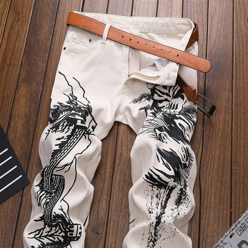 Men's great wall tiger printed jeans Fashion khaki denim slim straight pants