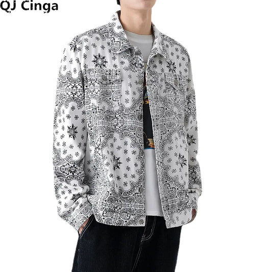 White Embroidery Denim Jacket Men's Single Breasted Patchwork Coat with Square Collar Men Jeans Jaqueta Big Size Overcoat S-5XL