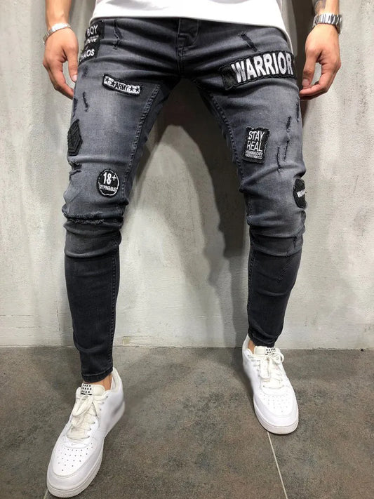 Skinny Hole Ripped Denim Jeans for Men Hip Hop Slim Fit Streetwear Patchwork Badge Distressed Black Pencil Pants