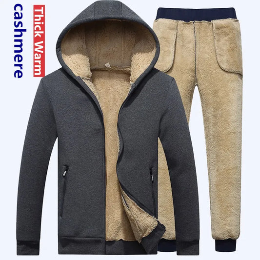Winter Men Set Warm Thick Hooded Jacket+Pants 2PC Sets Men Lamb cashmere Hoodies Zipper Tracksuit Man Sports Suit Plus size 6XL