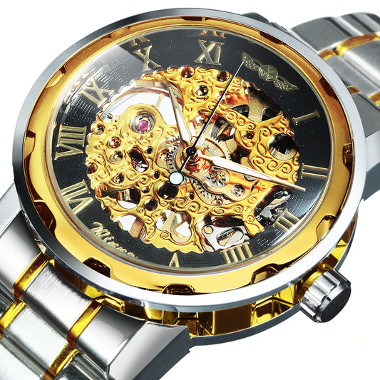 WINNER Gold Skeleton Watch for Men Mechanical Wristwatches Stainless Steel Strap Mens Watches Top Brand Luxury Male Clock 2023