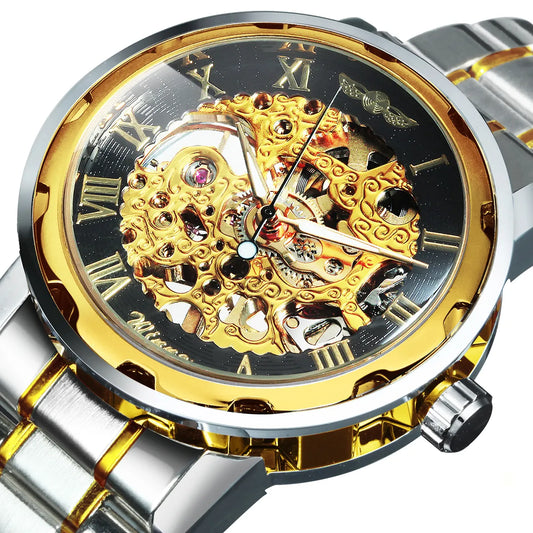 WINNER Gold Skeleton Watch for Men Mechanical Wristwatches Stainless Steel Strap Mens Watches Top Brand Luxury Male Clock 2023