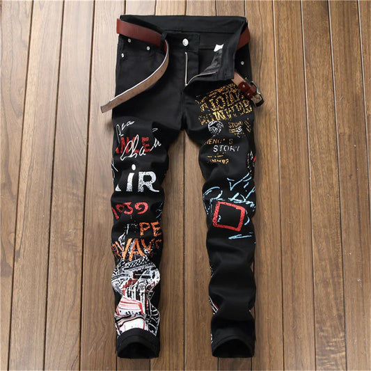 New European-Style Digital Print Men Jeans Slim Fashionable Trousers Stretch Pants Small Feet Casual High Quality Denim Pants