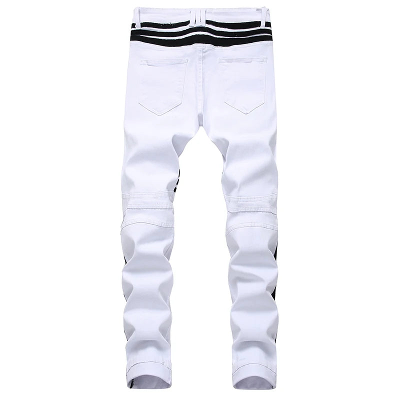 New White Men's Jeans Straight Denim Jeans with Zippers Contrast Color Stripe Male Pants Slim Plus Size Trousers