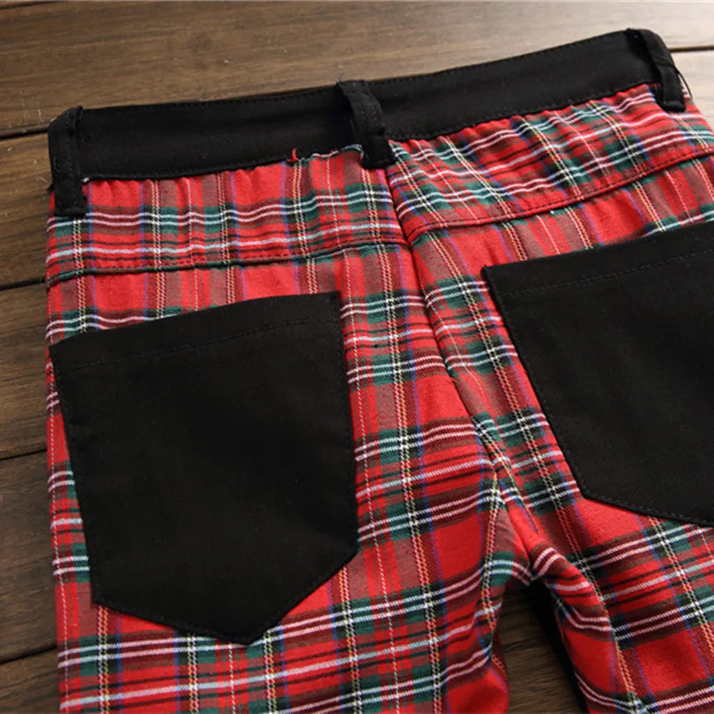 New Style South Korean Retro Personality Lacing Jeans Men's Zipper Plaid Small Foot Straight Pants Casual Fashion Trousers