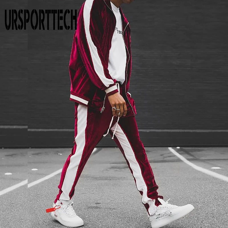 Gold Velvet Tracksuit Men's Set Spring Autumn Sport Suit Male Plus Velvet Thick Hoodies+ Pants Warm Sweatshirt Autumn Sportswear