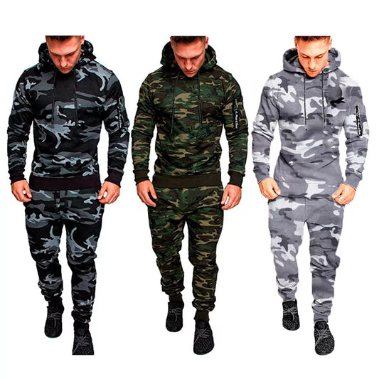 Camo Men Tracksuit Hooded Outerwear Hoodie Set 2 Pieces Autumn Sporting Male Fitness Camouflage Sweatshirts Jacket + Pants Sets