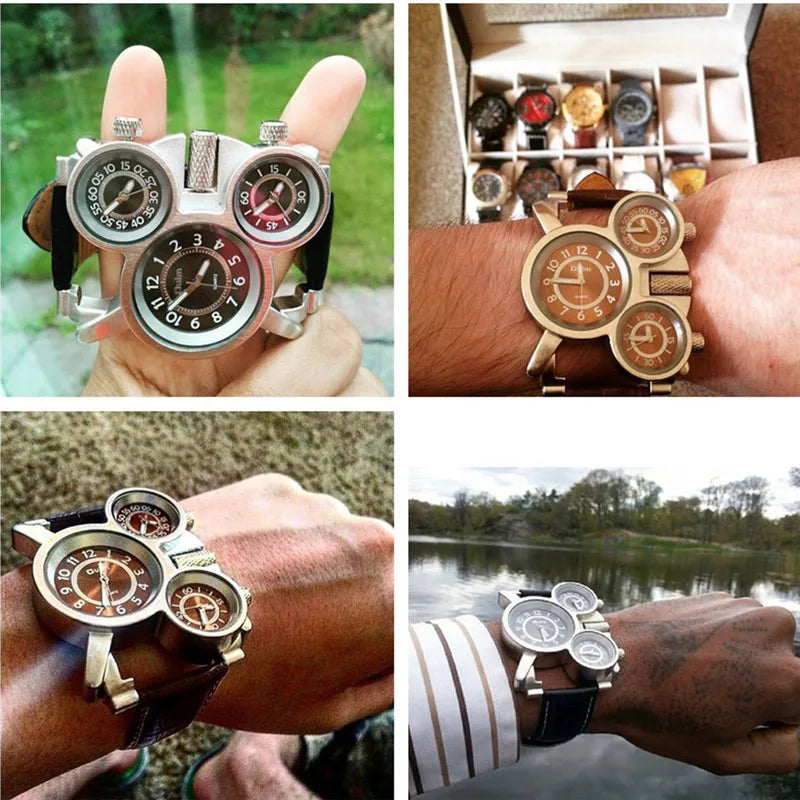 Mens Watches Oulm Top Brand Luxury Military Quartz Watch Unique 3 Small Dials Leather Strap Male Wristwatch Relojes Hombre