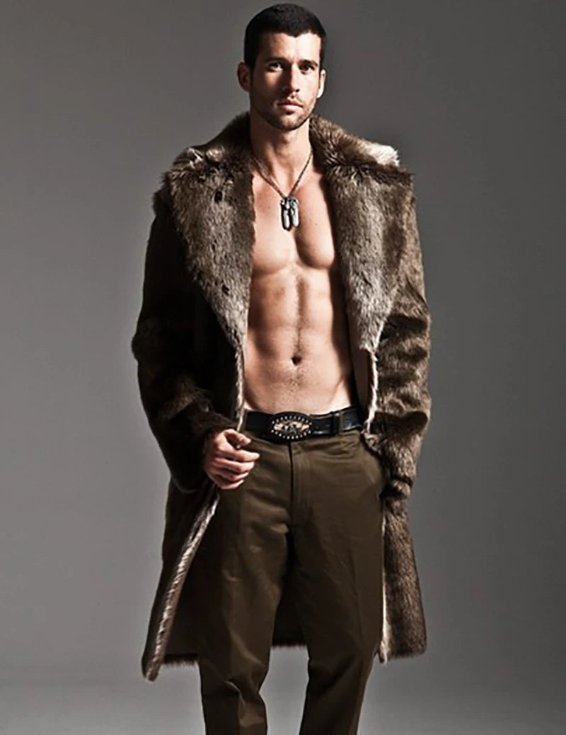 Men Fur Coat Winter Faux Fur Outwear On One Sides Coat Mens Punk Parka Jackets Long Leather Overcoats Genuine Fur Brand Clothing