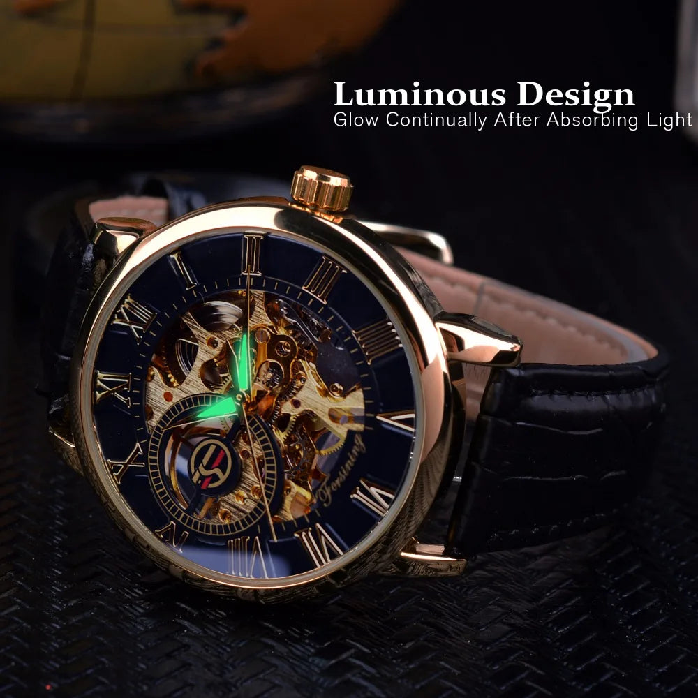 Forsining 3d Logo Design Hollow Engraving Black Gold Case Leather Skeleton Mechanical Watches Men Luxury Brand Heren Horloge