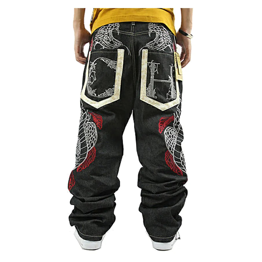 Fashion Printed Jeans New Loose Hip Hop Jeans Homme Python Embroidery Hip-hop Denim Harem Pants Overalls Men Straight Jeans
