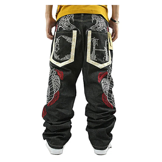 Fashion Printed Jeans New Loose Hip Hop Jeans Homme Python Embroidery Hip-hop Denim Harem Pants Overalls Men Straight Jeans