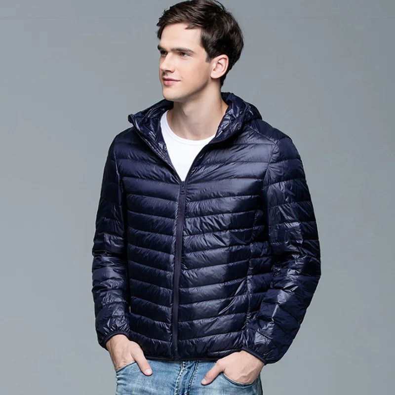 Men Fluffy Winter Coat Fashion Hooded Duck Down Jackets Ultralight Puffer Down Coat Portable Slim Feather Filling Parkas 5XL 6XL