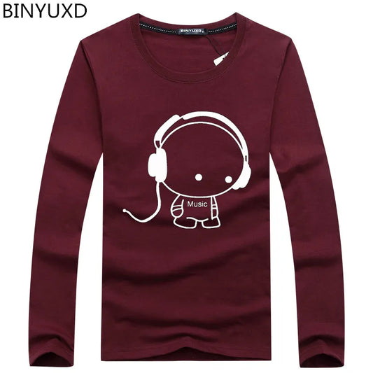 Brand Hot Sale Fashion Men Long Sleeve T-Shirt Casual Rock Headset Earphone Dogs Music Printing Tops Cool O-neck tees