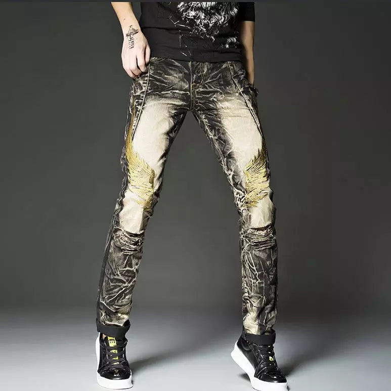 Mens Black Rock Hip Hop Jeans Studs Embroidery Gold Wings Pants Europe and America Street Fashion Vintage Ripped Straight Jeans